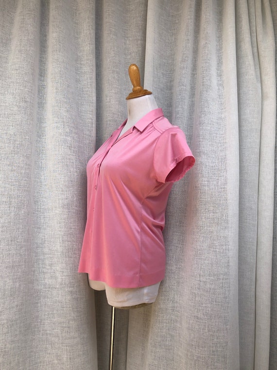 1960 pink stretch polyester button down short sle… - image 5