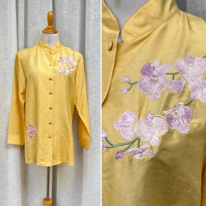 Hi Lin vintage gold yellow silk embroidered orchids floral mandarin Chinese blouse image 1