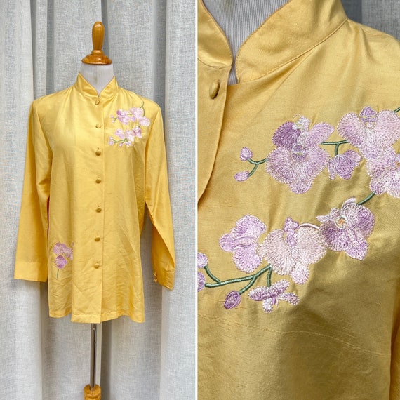 Hi Lin vintage gold yellow silk embroidered orchi… - image 1