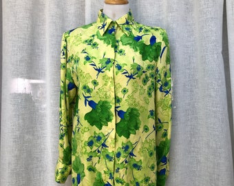 Pierre Balmain blue and green floral button down brocade silk blouse