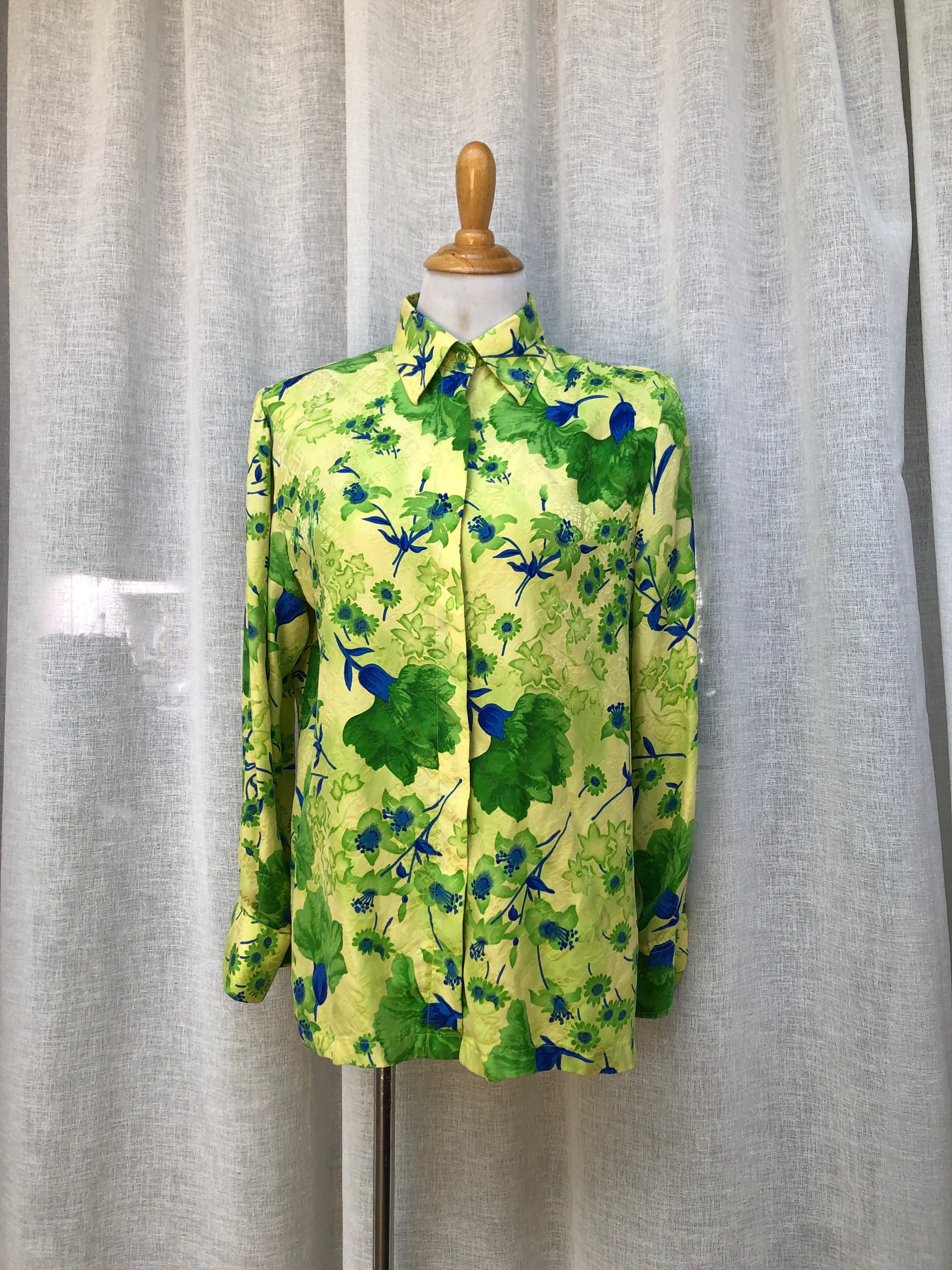 Pierre Balmain blue and green floral button down brocade silk blouse