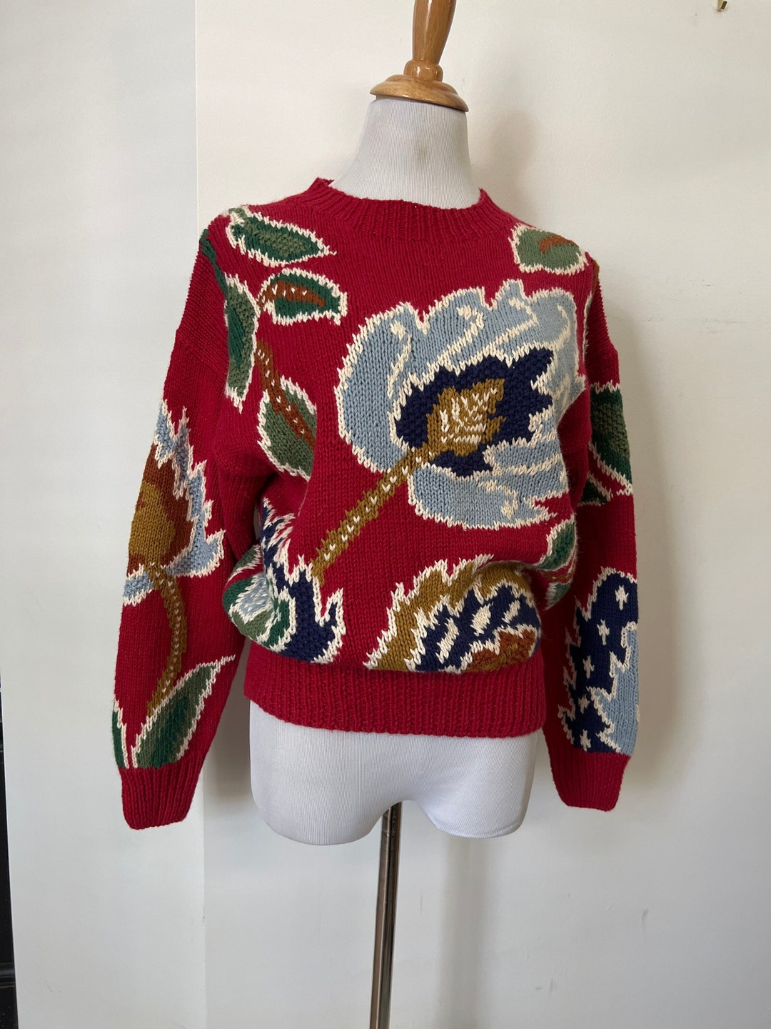 Bushwacker Crewneck Knitted Red Big Leaves Sweater, Cotton Blend, Size ...