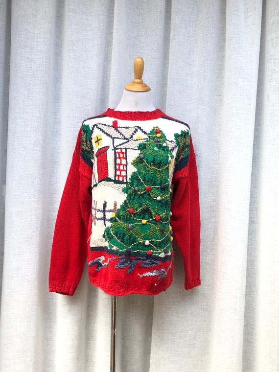 Stunning winter red Christmas sweater with knitted