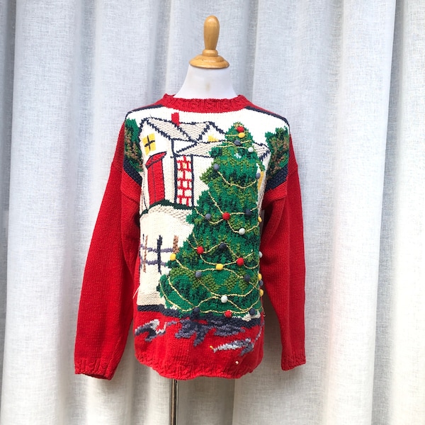Stunning winter red Christmas sweater with knitted Christmas tree by Crystal-Kobe