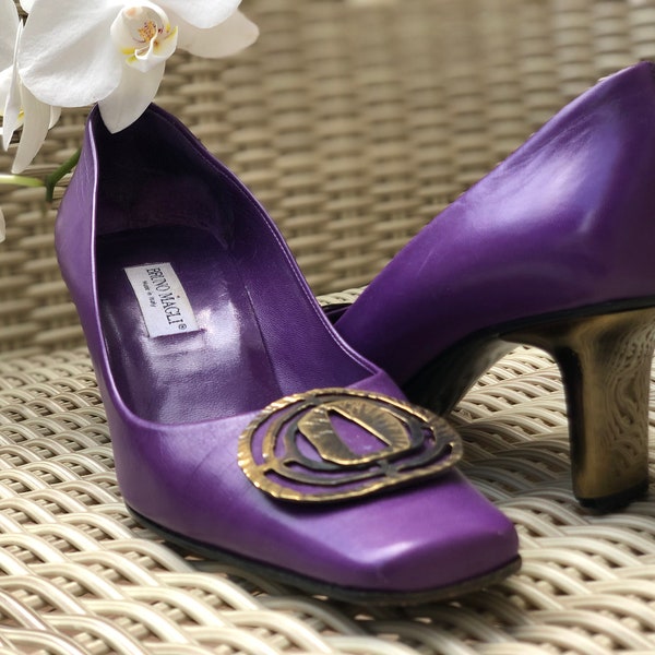 Bruno Magli purple leather shoes with bronze buckle and bronze color heels, great condition, size 8