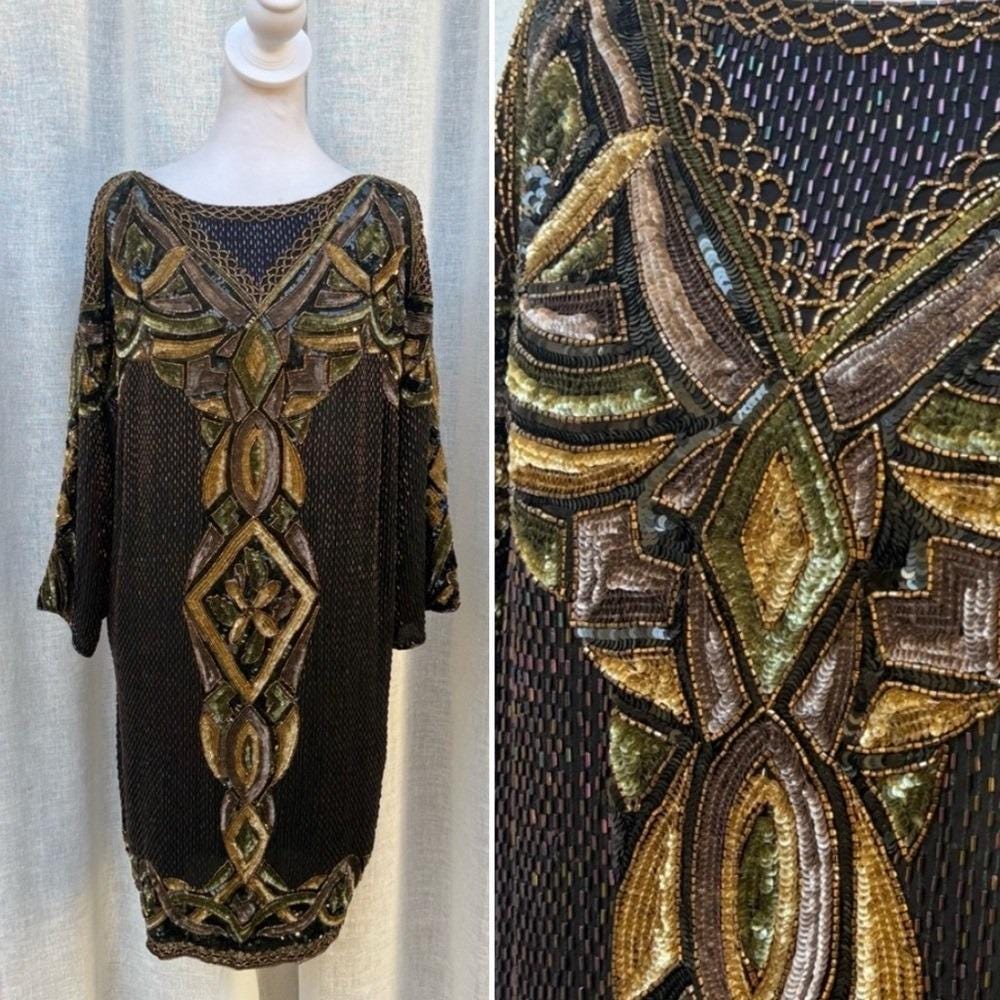 oleg cassini sage beaded dress Fully Black Silk Golf Green Beads Half Sleeve Shift Size:W36