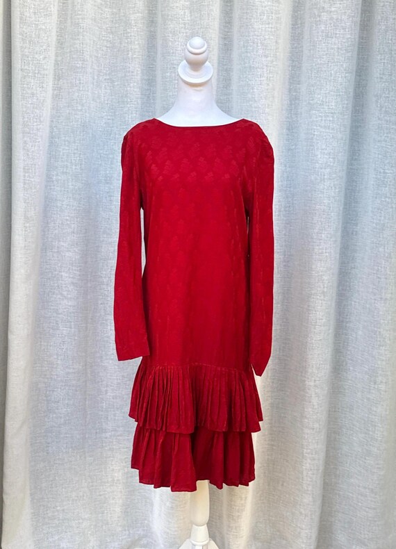 liz claiborne red dress Liz Claiborne Red Drop Waist Ruffle Skirt Silk Dress