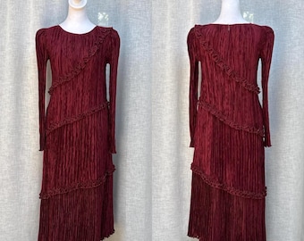 Mary Mc Fadden plisee burgundy Bordeaux tiered long sleeve dress