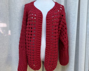 Vintage hand chunky knit crochet red cardigan