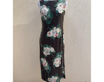 1990 Petite Sophisticate silk midi sleeveless dress dark floral print
