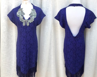Susan Roselli for Vijack royal blue lace flapper style party dress with bottom fringe and open back