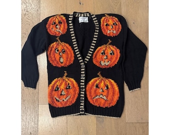 Marisa Christina Halloween textured jack-o'-lantern pumpkin hand knit cardigan