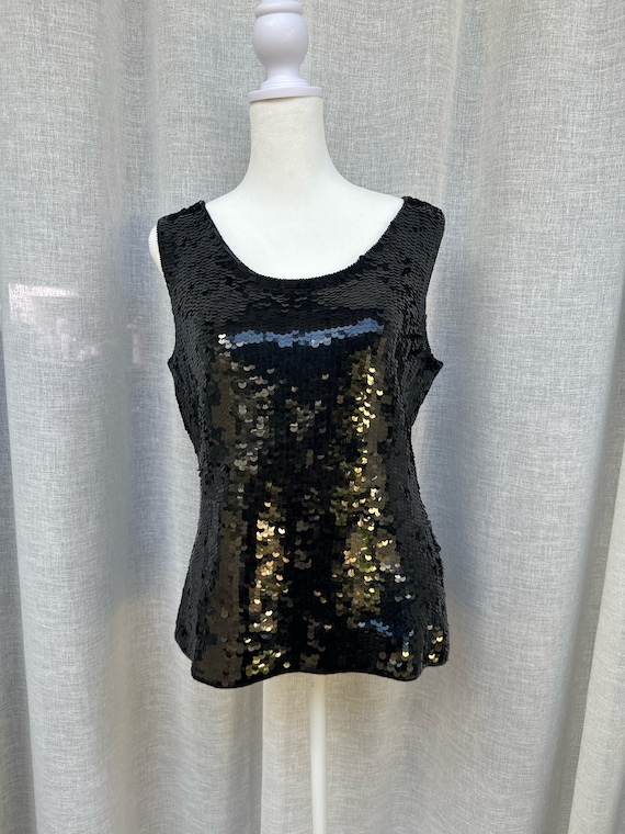 Cathy Hardwick Black Sequin Beaded Tank Top