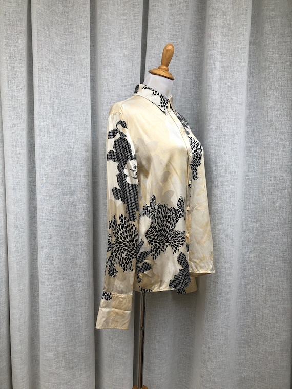 Louis Féraud floral satin  silk button down cream… - image 3