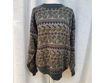 Alpaca-Sur Peruvian alpaca sweater complex green purple  beige geometric pattern