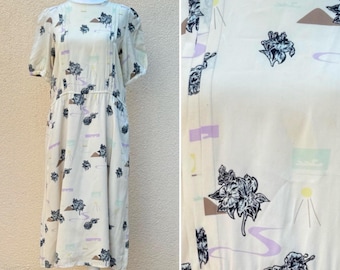 1970 Carlo Perrini Roma cream color abstract print short sleeve silk  dress