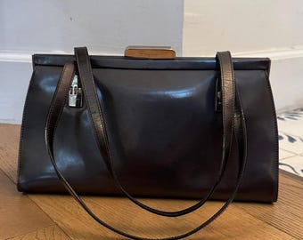 Salvatore Ferragamo vintage shimmer black gray patent leather satchel handbag