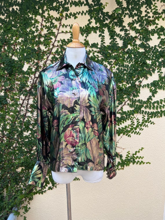 Vintage Floral metallic lame floral button down l… - image 2