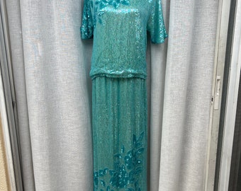 Lillie Rubin Ocean Blue Sequin Embellished top/skirt set sz M