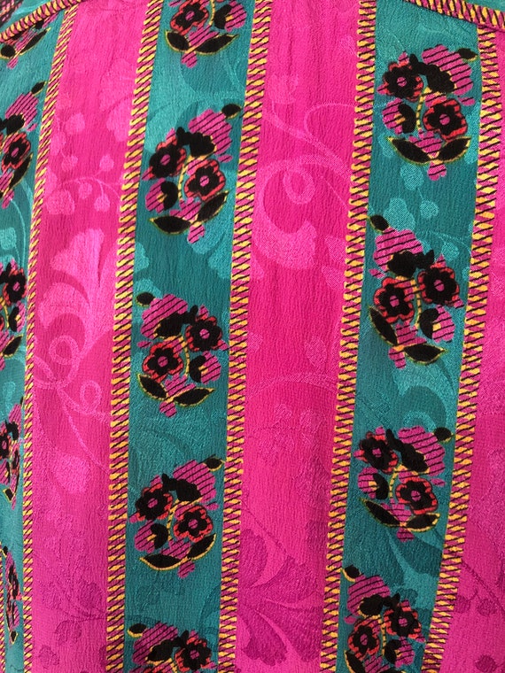 1980’s all silk floral magenta and teal striped n… - image 4