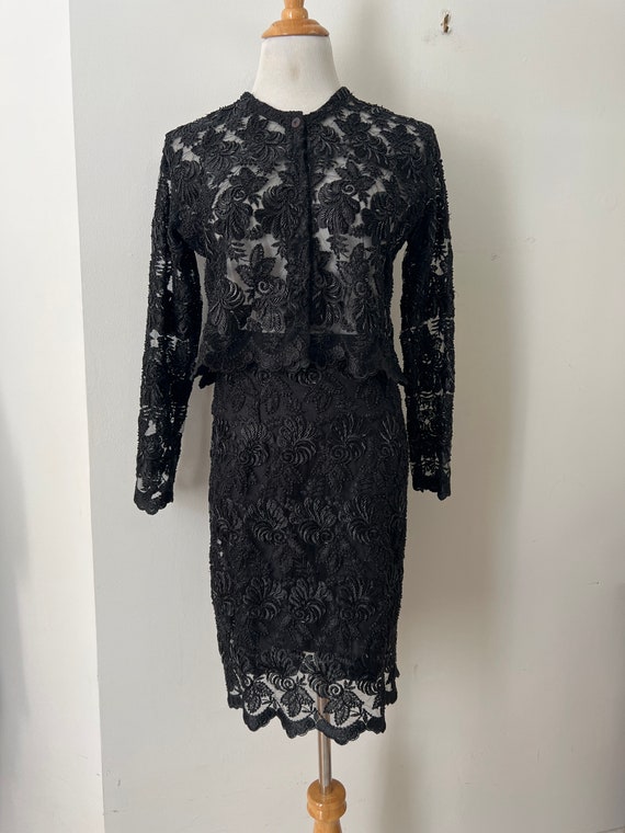 1990's Black Lace beaded skirt and jacket set - image 1