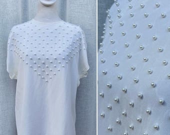 1990 Liz Claiborne white short sleeve blouse with pearl embellishments