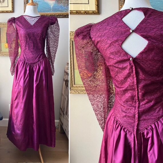 1980's Burgundy Mulberry Prom Dress Big Puffy Skirt, Lace Sleeves, Princess Dress