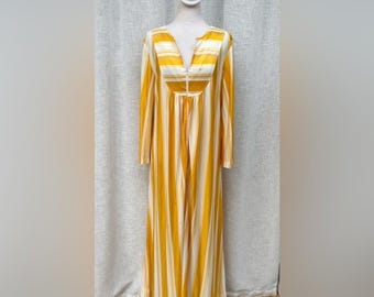 Lisanne 1960 long sleeve yellow mustard white striped hostess loungewear dress