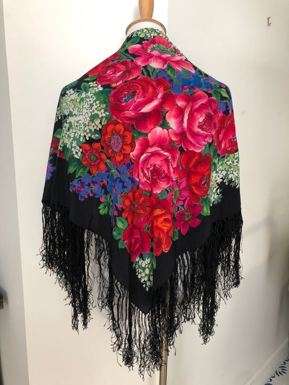 Vintage silk batik flower pattern on black shawls 