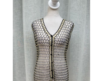 1980 black Crochet gold beads short sleeve vest top