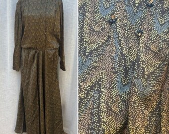 Norma Walters green brown feather print long sleeve silk dress