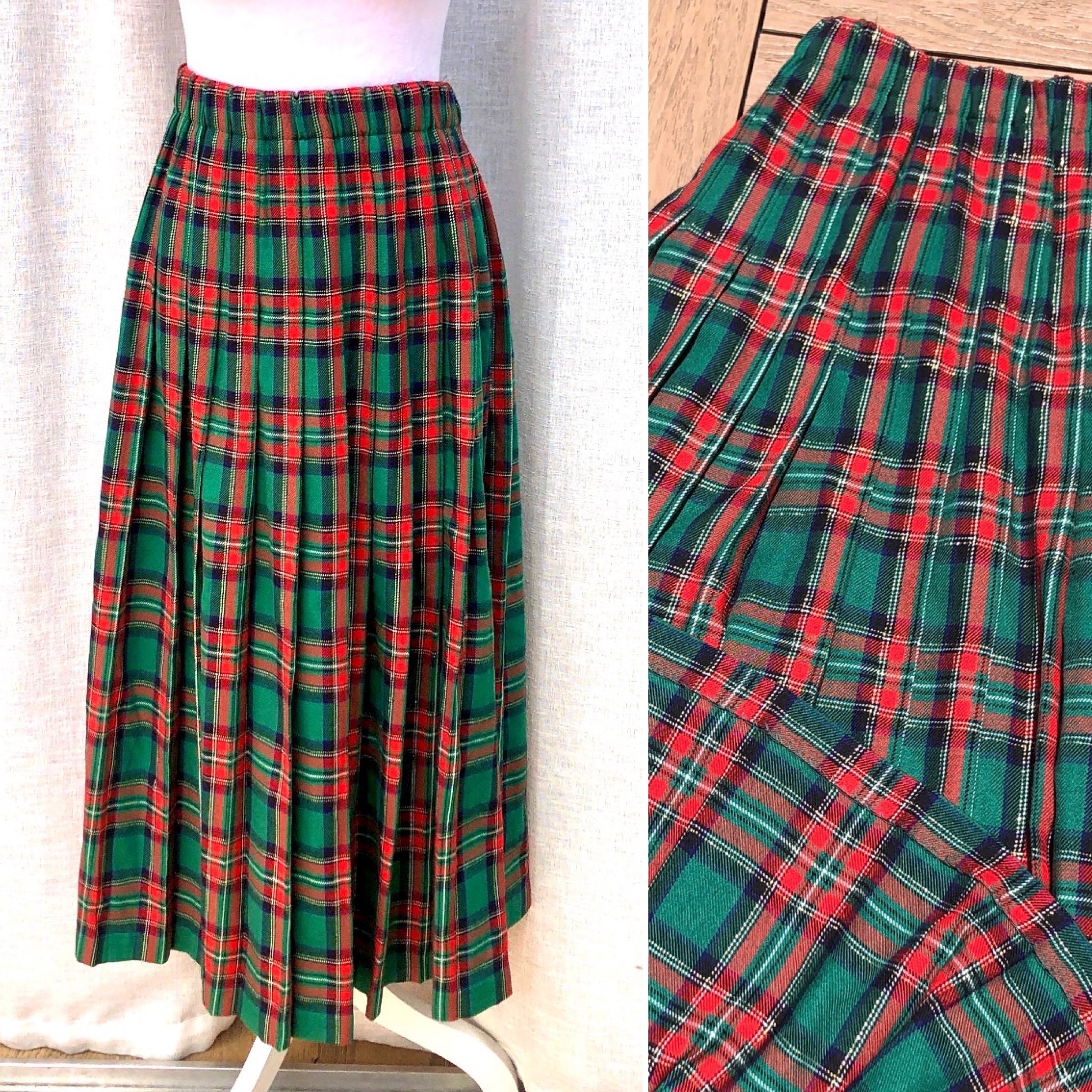 Marissa Christina Classics Green and Red Plaid Midi Pleated Skirt