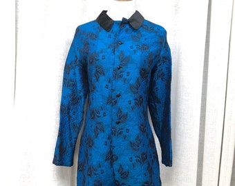 1980’s vintage bright blue and black floral jacquard weave blazer jacket coat