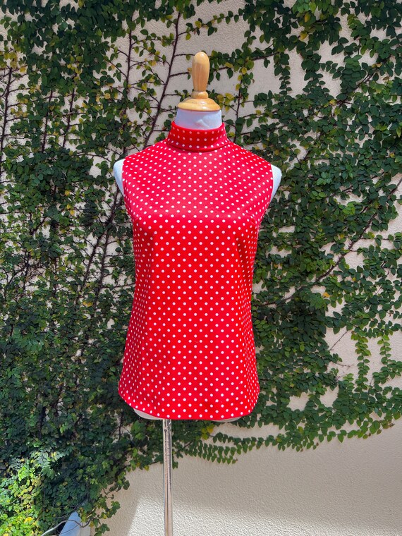 1960 Red and White Polkadot Turtleneck Sleeveless… - image 3