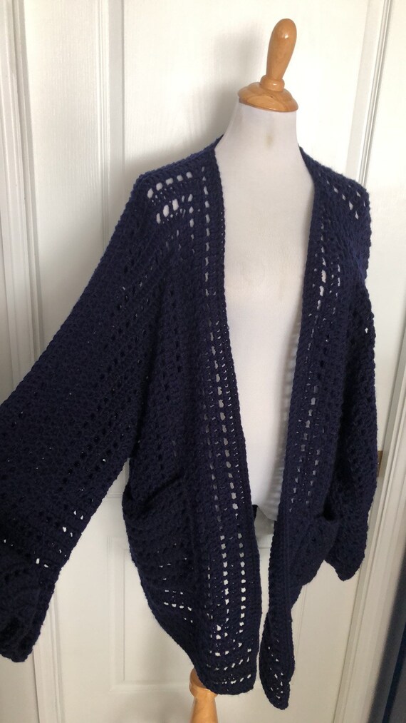 Vintage oversized hand chunky knit crochet navy b… - image 3