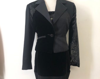 Randolph Duke silk, rayon, shiny velvet blend blazer, little black strapless party dress duo ensemble, suit