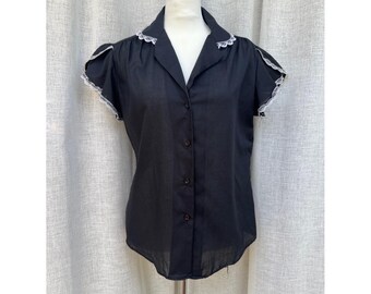 Just Four Inc black semi sheer blouse Peter Pan collar white lace trim