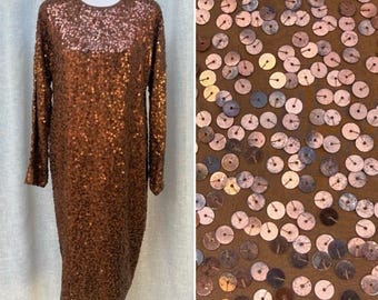 Linda Allard For Ellen Tracy bronze brown sequin silk long sleeve cocktail dress