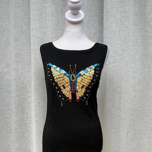 Vintage Lucia Burns knitted black sleeveless top sequin butterfly