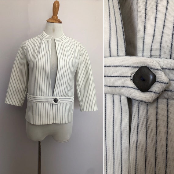 1960's Butte Knit White Navy Blue Pin Stripe jack… - image 1