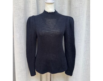 Vintage black hand knitted Victorian style peplum high neck sweater