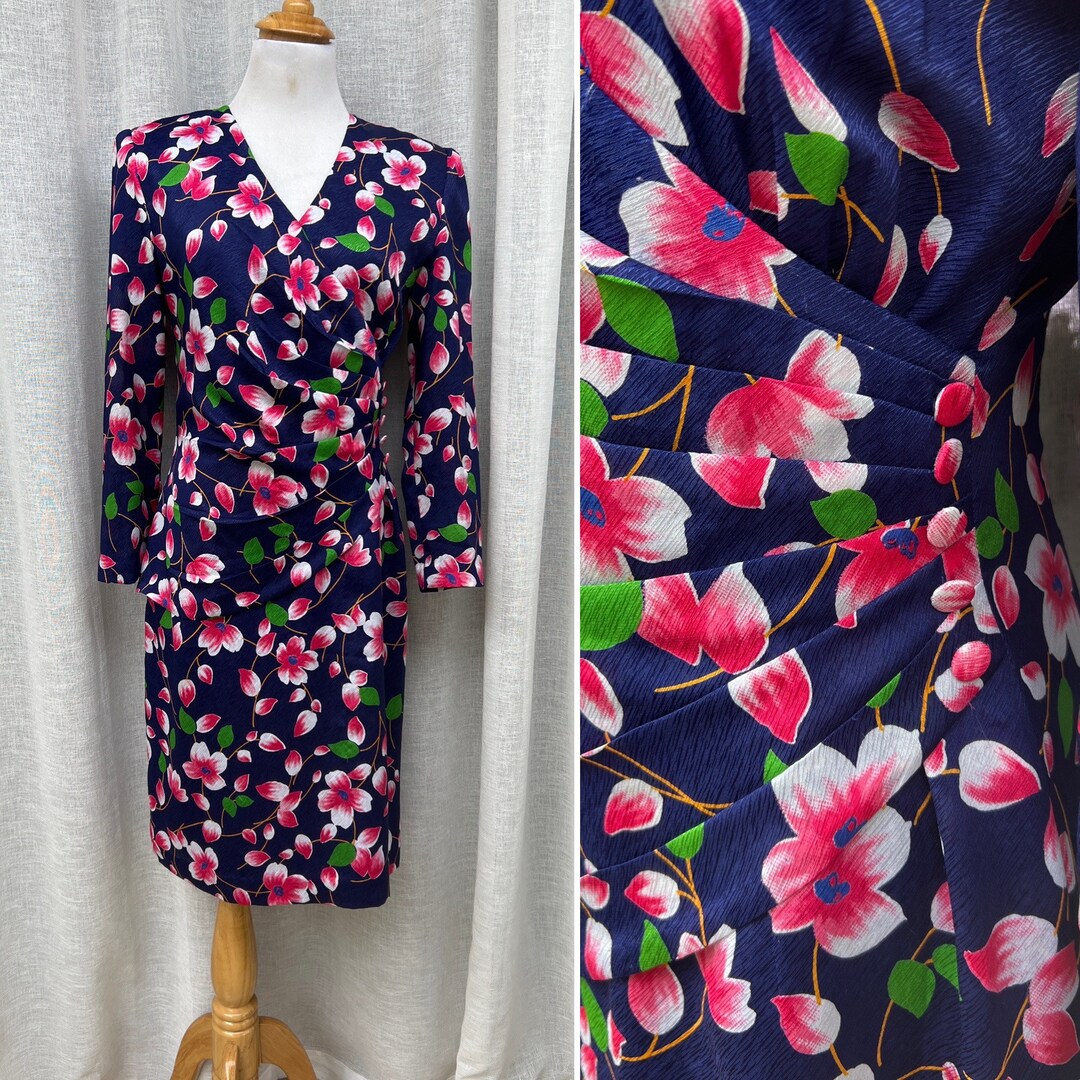 Vintage Blue and Pink Floral Silky Long Sleeve Wrap Dress With Shoulder ...