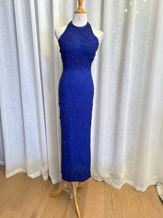 SCALA Cobalt Blue Beaded Silk Halter Gown