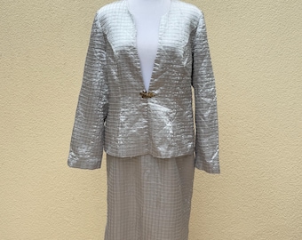 Moshita Couture Silver Metallic micropleated  blazer Jacket & Skirt Set