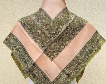 Tiktiner silk green and pink floral paisley print square shawl scarf