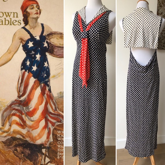 Vintage patriotic maxi summer nylon dress red whi… - image 1