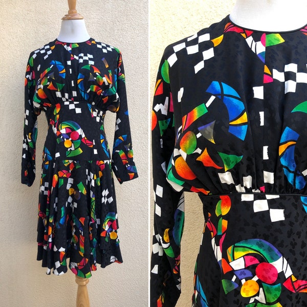 1990's  Joanna Mastroianni multicolored black  long sleeve dropped waist silk dress