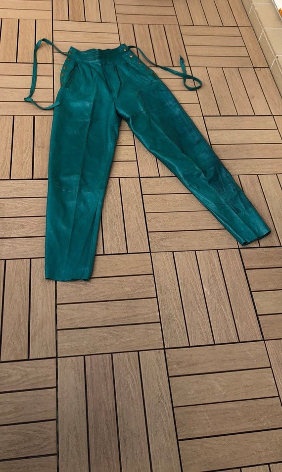 Vintage turquoise leather high waisted pants, made