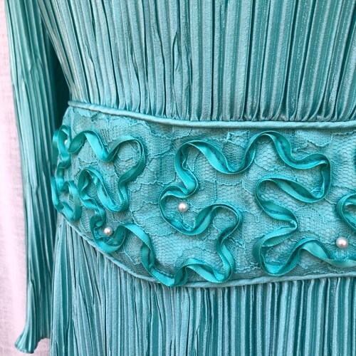 Joan Leslie for shops Talbots turquoise gown plisse crinkled fortuny pleats long sleeves with cord embroidered lace belt
