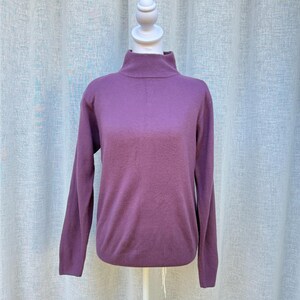May include: A long-sleeved, purple turtleneck sweater on a white mannequin.